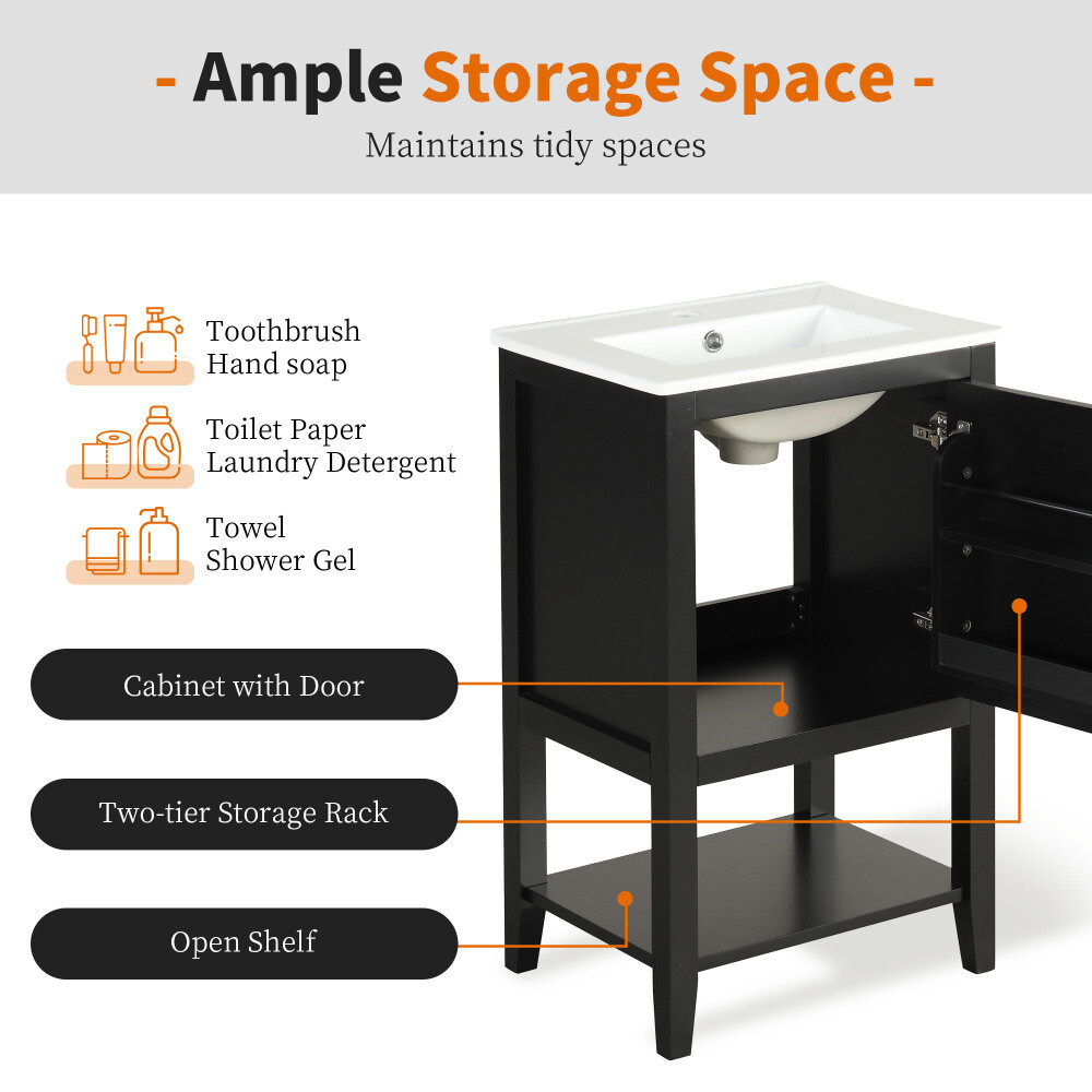 20″ Bathroom Vanity with Sink, Bathroom Cabinet with Storage Rack and Open Shelf