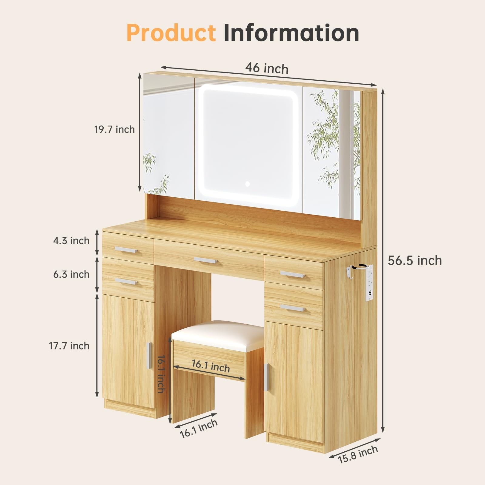 Tri-Fold Mirror Vanity Desk with Lights 7 Drawers Stool Oak Power Outlet