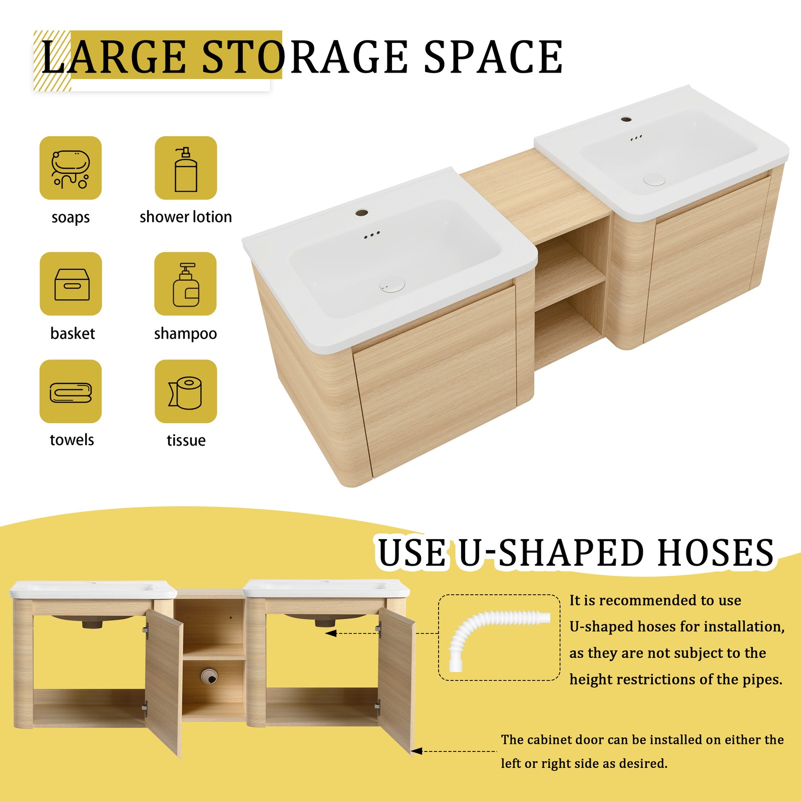 60in Plywood Wall-Mounted Bathroom Vanity W/ 2x White Ceramic Sink and Shelves