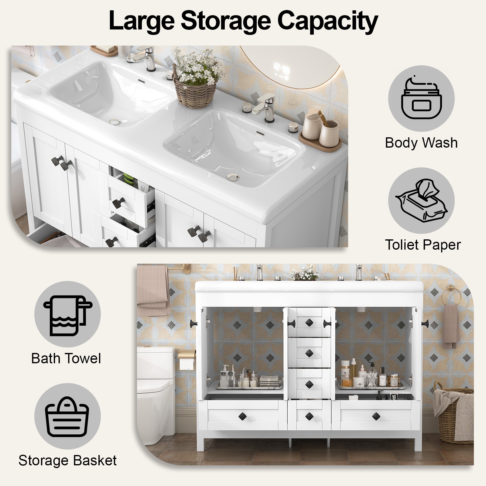 Large Luxury Double Basin Vanity Set w/ Soft Close Drawers & Waterproof Cabinet