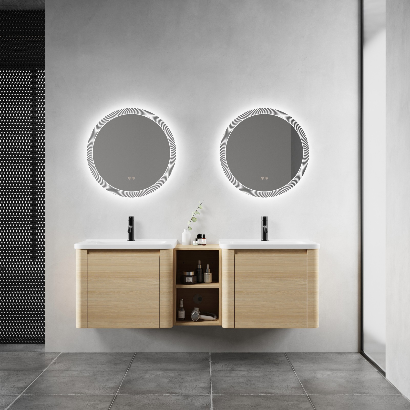 60in Plywood Wall-Mounted Bathroom Vanity W/ 2x White Ceramic Sink and Shelves