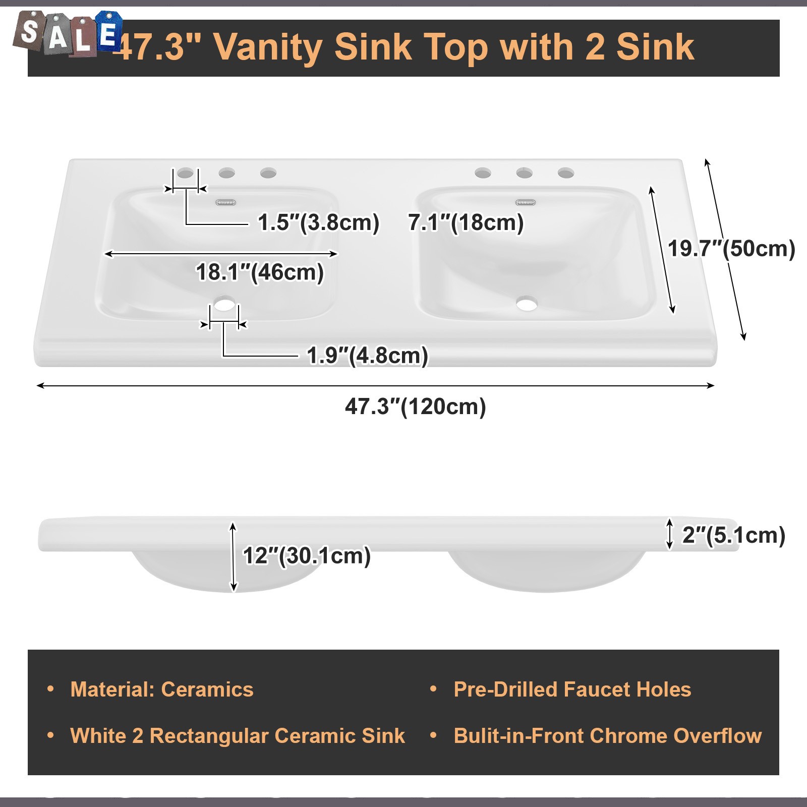 White Bathroom Vanity Double Sink Freestanding Cabinet with Storage Drawers