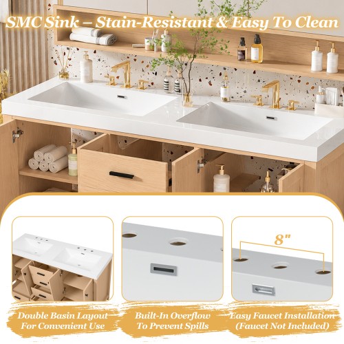 59.3″ Bathroom Vanity with Solid Wood Frame & MDF Cabinet,Double SMC Resin Sink