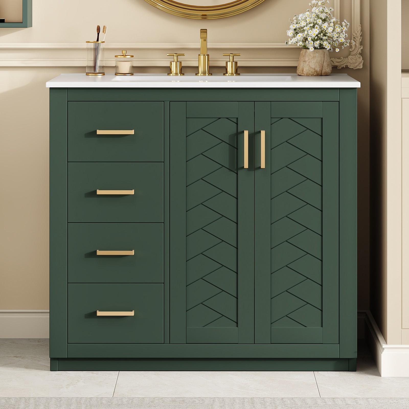 36″ Bathroom Vanity with Ceramic Sink, Solid Wood Frame, 3 Drawers