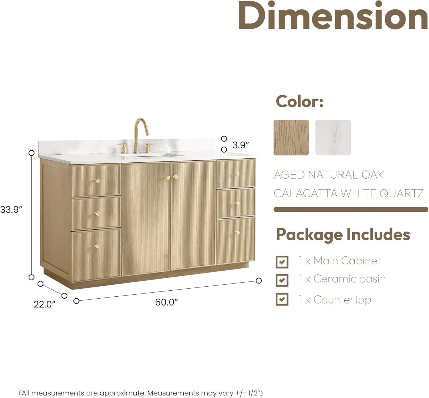 VINNOVA Oza 60″ Single Bath Vanity in Aged Natural Oak with Fish Maw White Quart