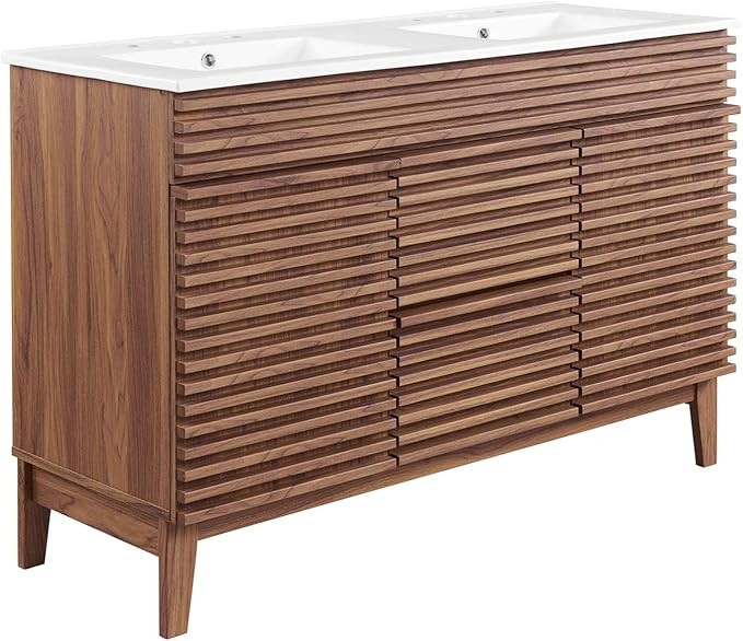 Modway Render 48″ Double Sink Bathroom Vanity Cabinet in Walnut White