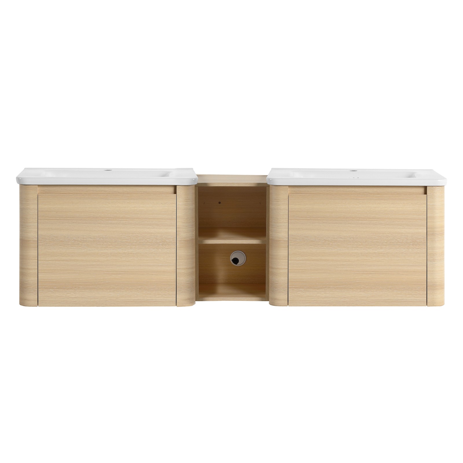 68in Plywood Wall-Mounted Bathroom Vanity W/ 2x White Ceramic Sink and Shelves