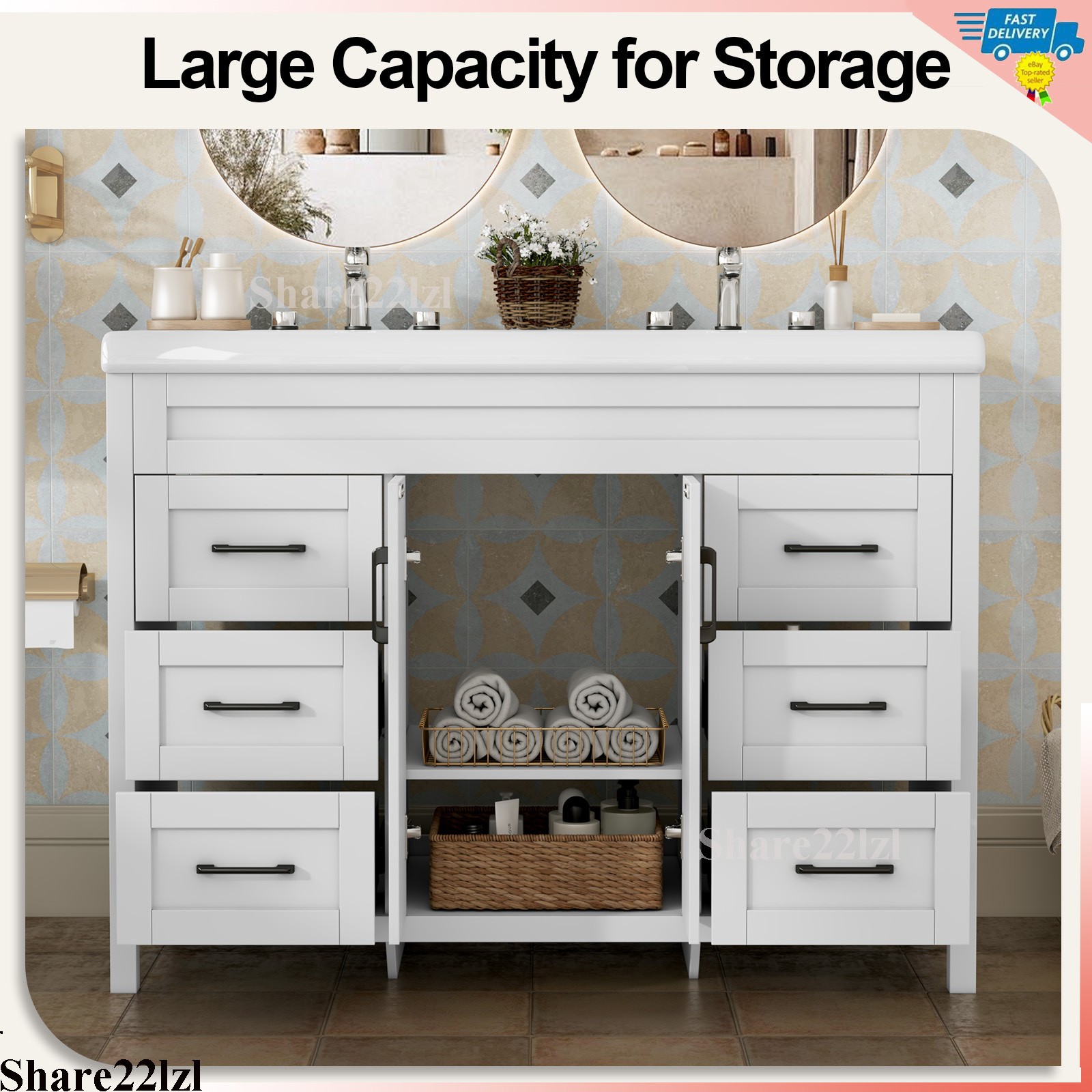 47″ Bathroom Vanity Cabinet White Freestanding Drawers with Double Sink Ceramic