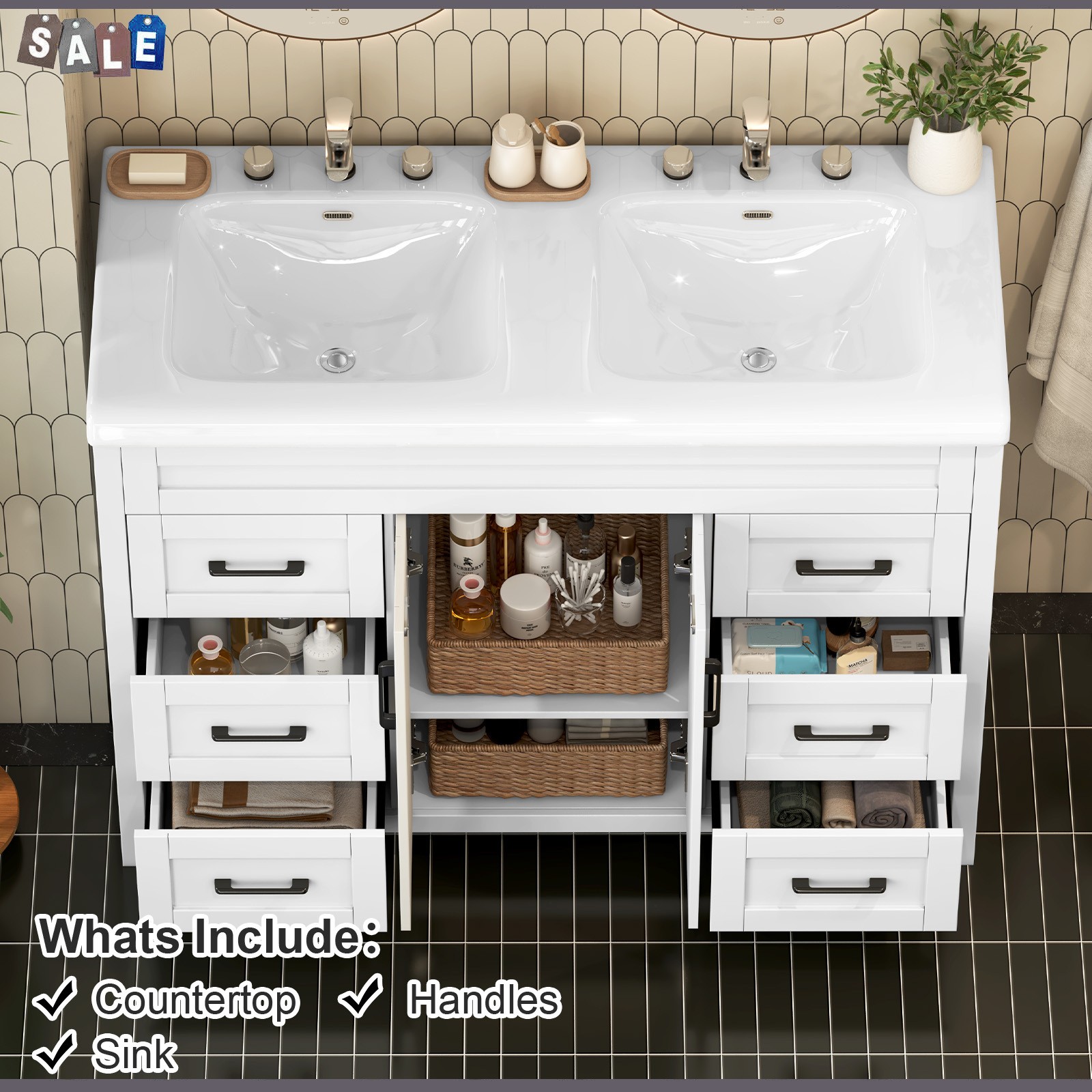 White Bathroom Vanity Double Sink Freestanding Cabinet with Storage Drawers