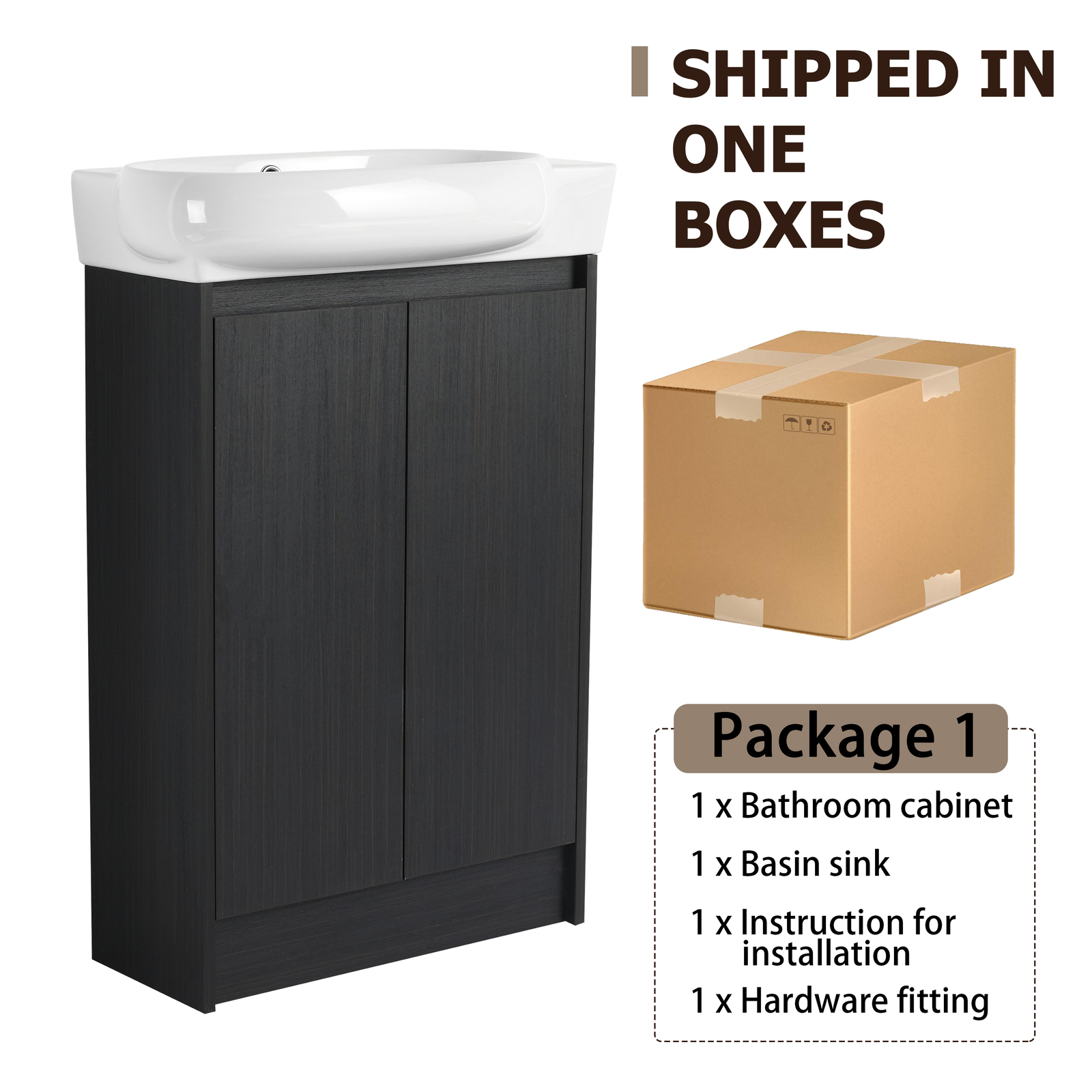 23″ plywood Freestanding Small Bathroom Vanity Cabinet +Ceramic Sink Basin Black