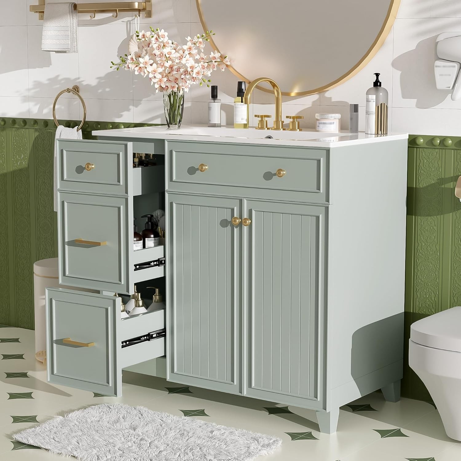 36-inch Green Bathroom Vanity Transitional Style Bathroom Cabinet W/ Ceramic