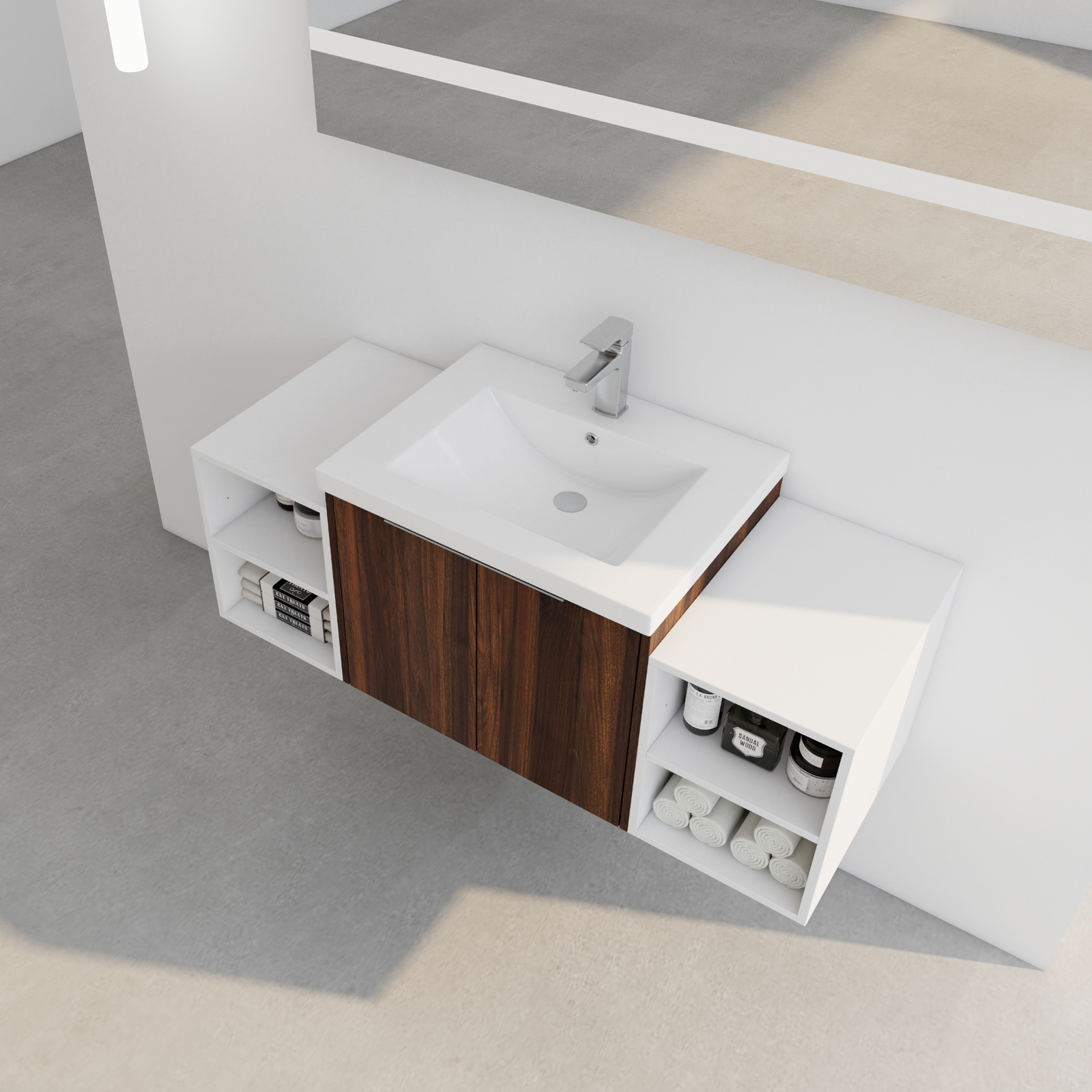 24″Bathroom Vanity Cabinet With Resin Sink + Two 12″Small Storage Shelves Walnut