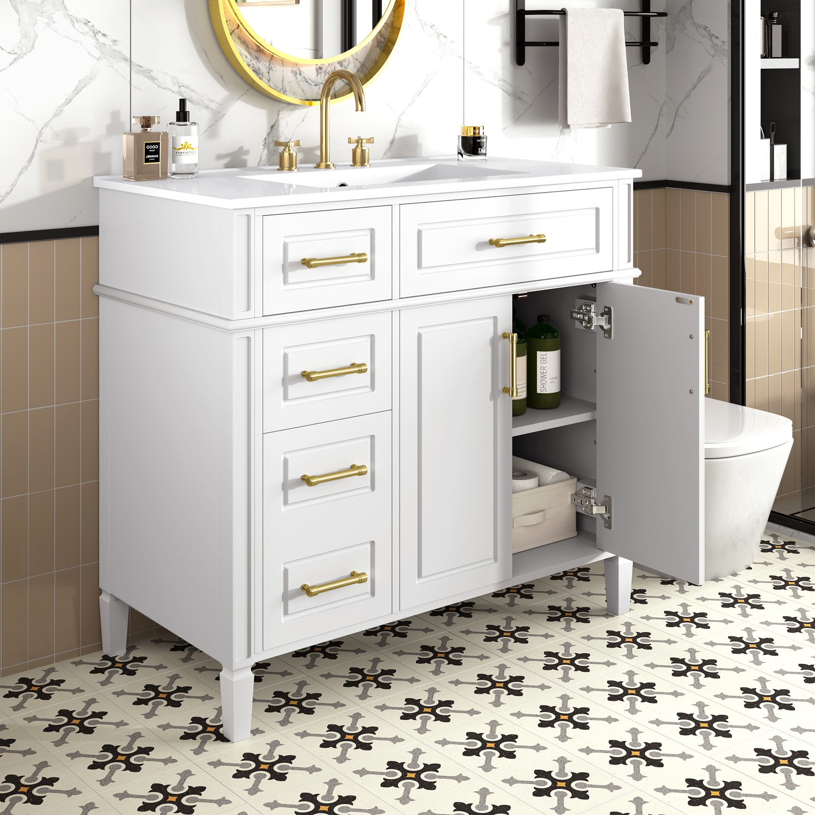 Bathroom Vanity w/Ceramic Sink,Wood Storage Cabinet w/Drawers &Adjustable Shelf