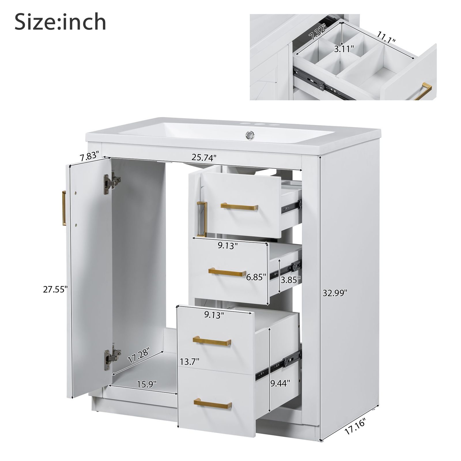 30″ Bathroom Vanity with Sink, Freestanding Vanity Storage Cabinet, 3 Drawers
