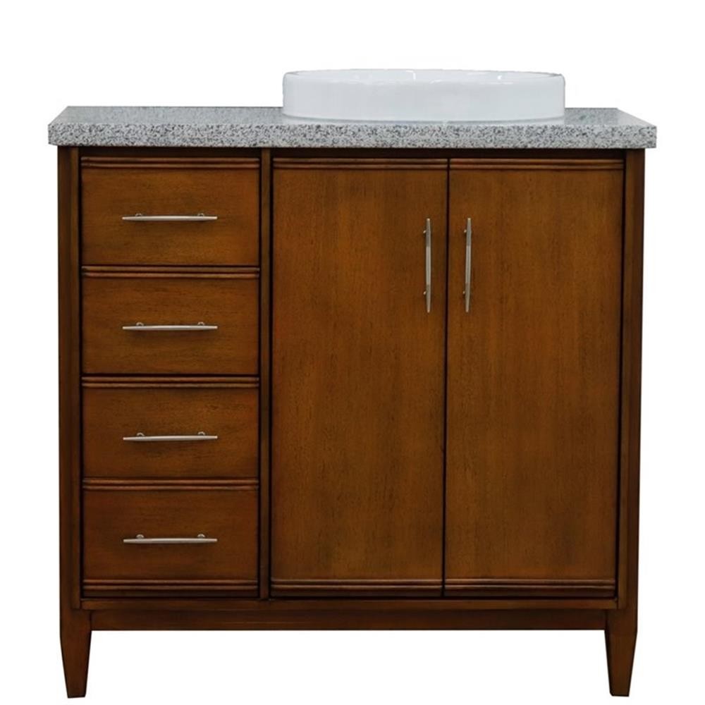 Pemberly Row 37″ Single Solid Wood Vanity with Right Round Sink in Walnut/Gray