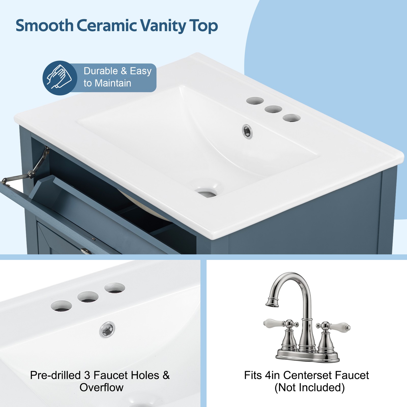 24″ Blue Gray Bathroom Vanity with Ceramic Sink & Soft-Close Drawers