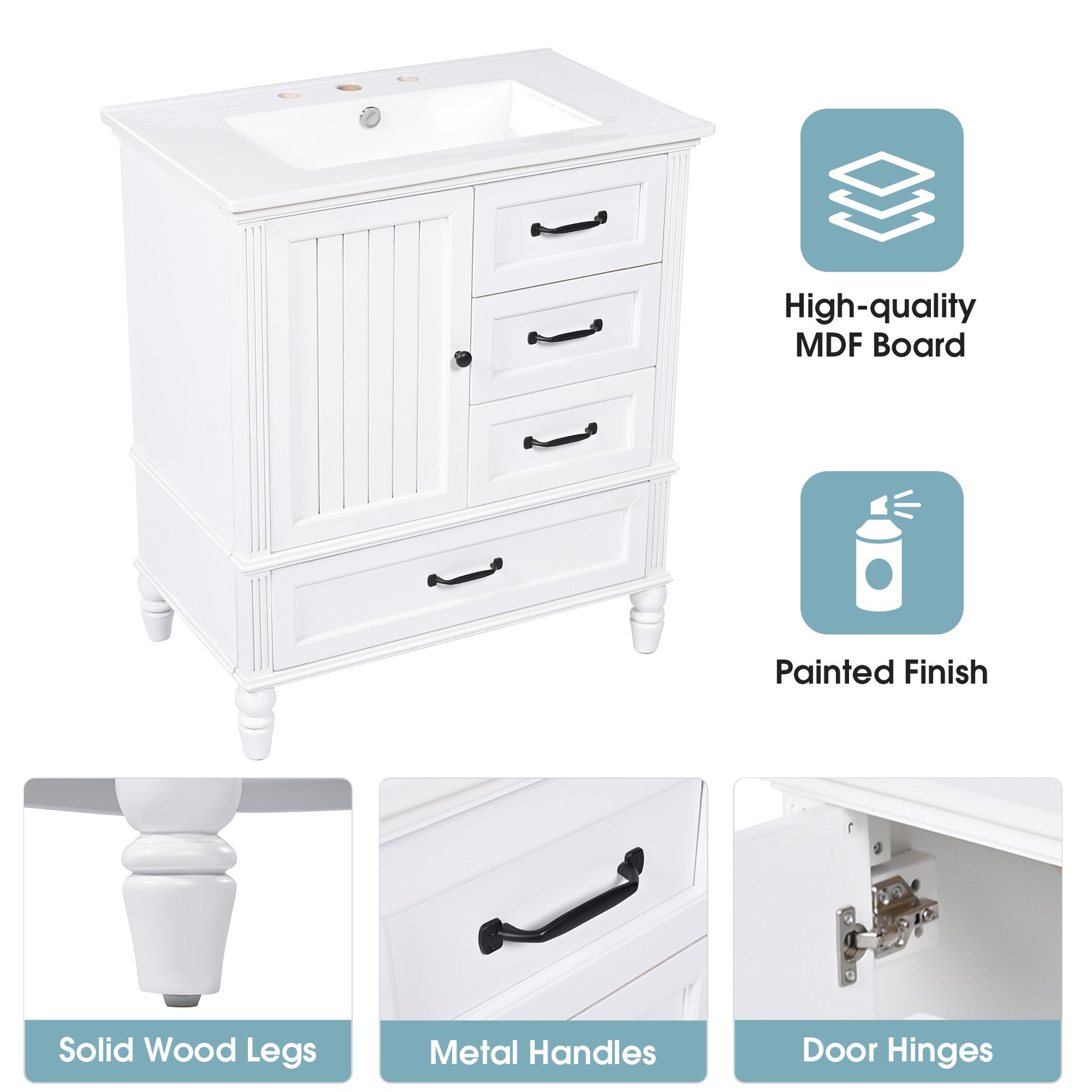 30″ Bathroom Vanity with Sink, Bathroom Cabinet with A Door, Three Drawers White