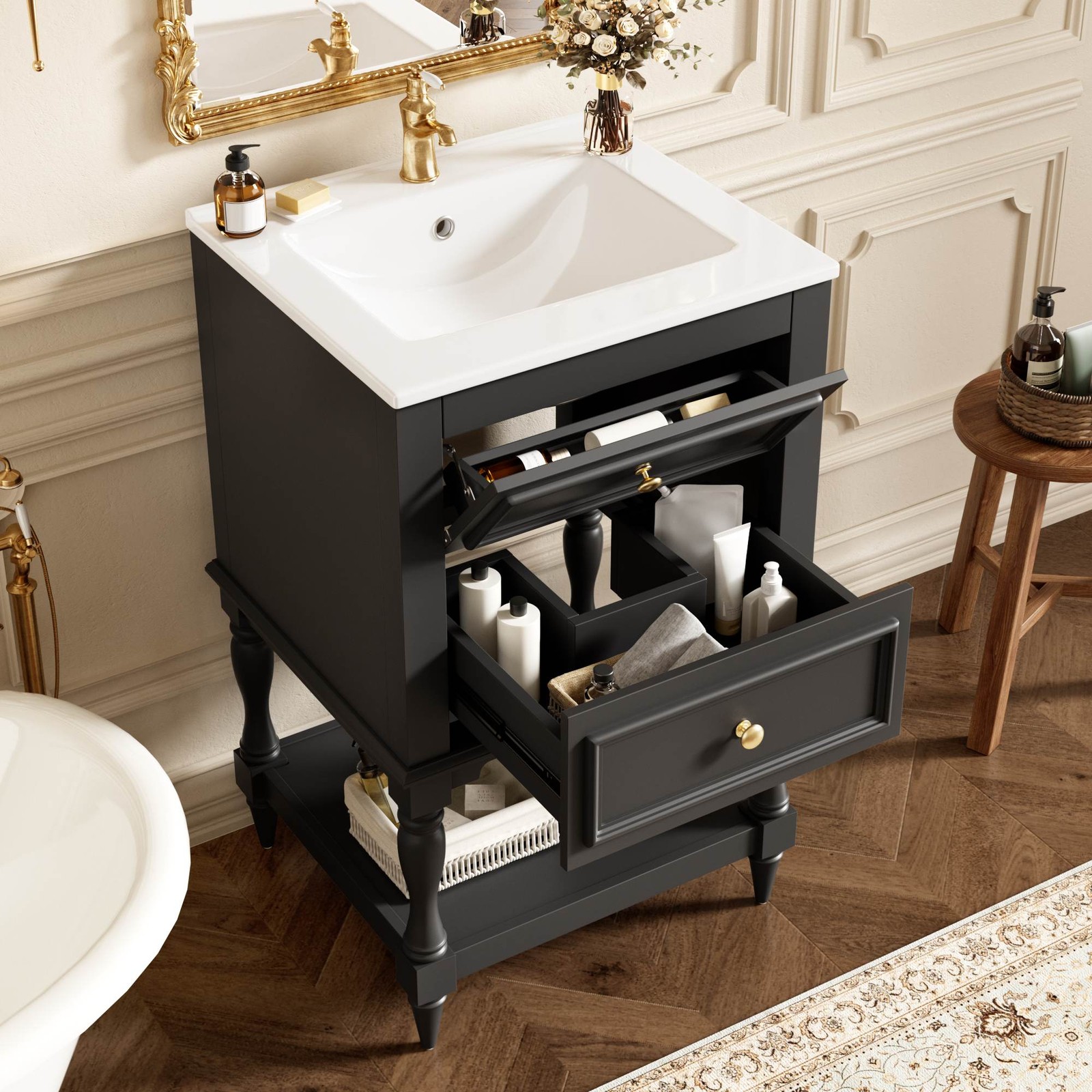 FUNIDEE 20” Bathroom Vanity Set Storage Cabinet with Ceramic Sink Combo Black