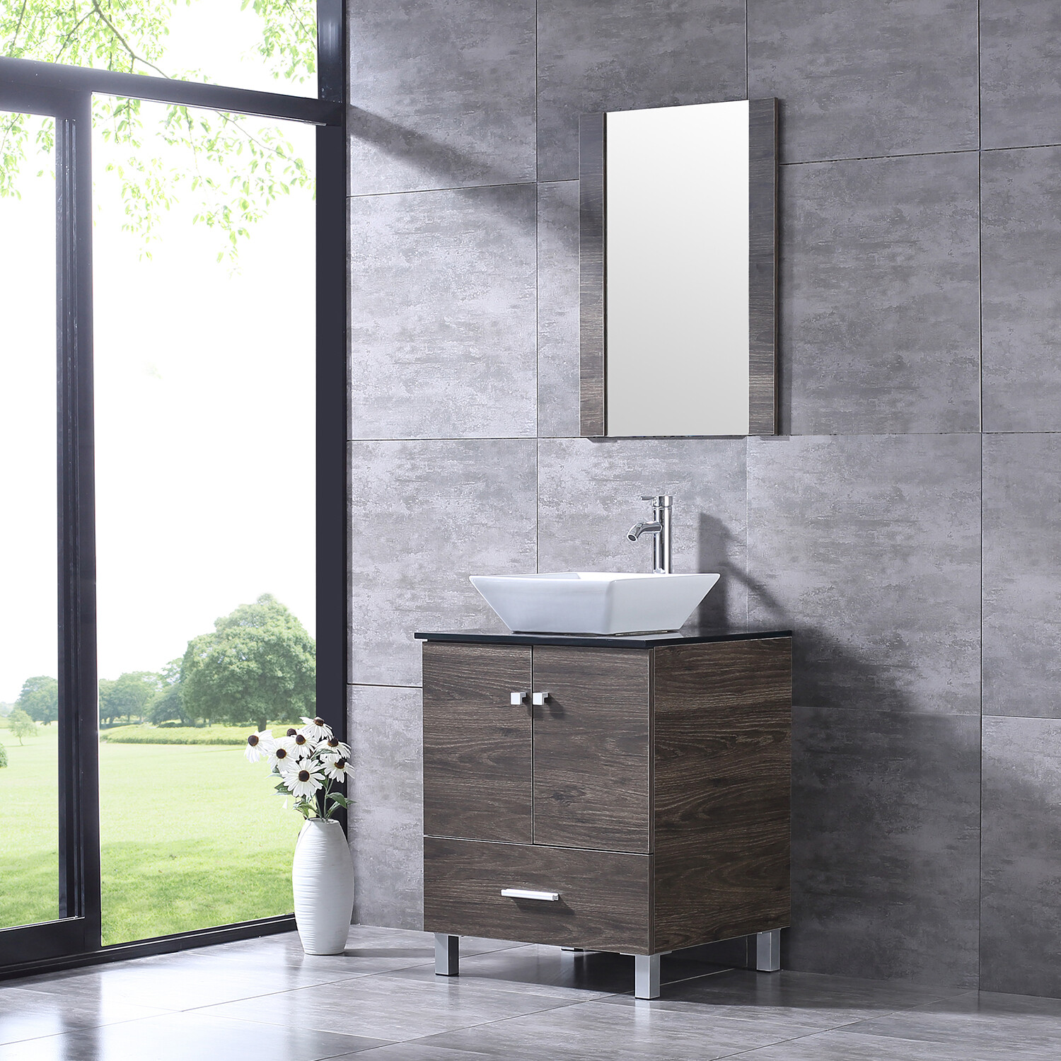 24″Bathroom Vanity Wood Cabinet White Ceramic Sink Bowl Basin Brown Mirror Combo