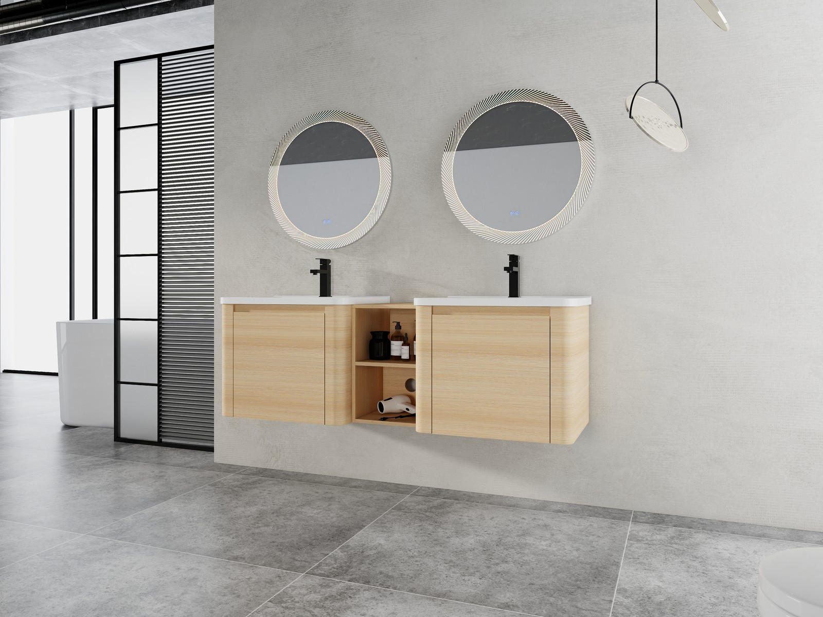 60in Plywood Wall-Mounted Bathroom Vanity W/ 2x White Ceramic Sink and Shelves