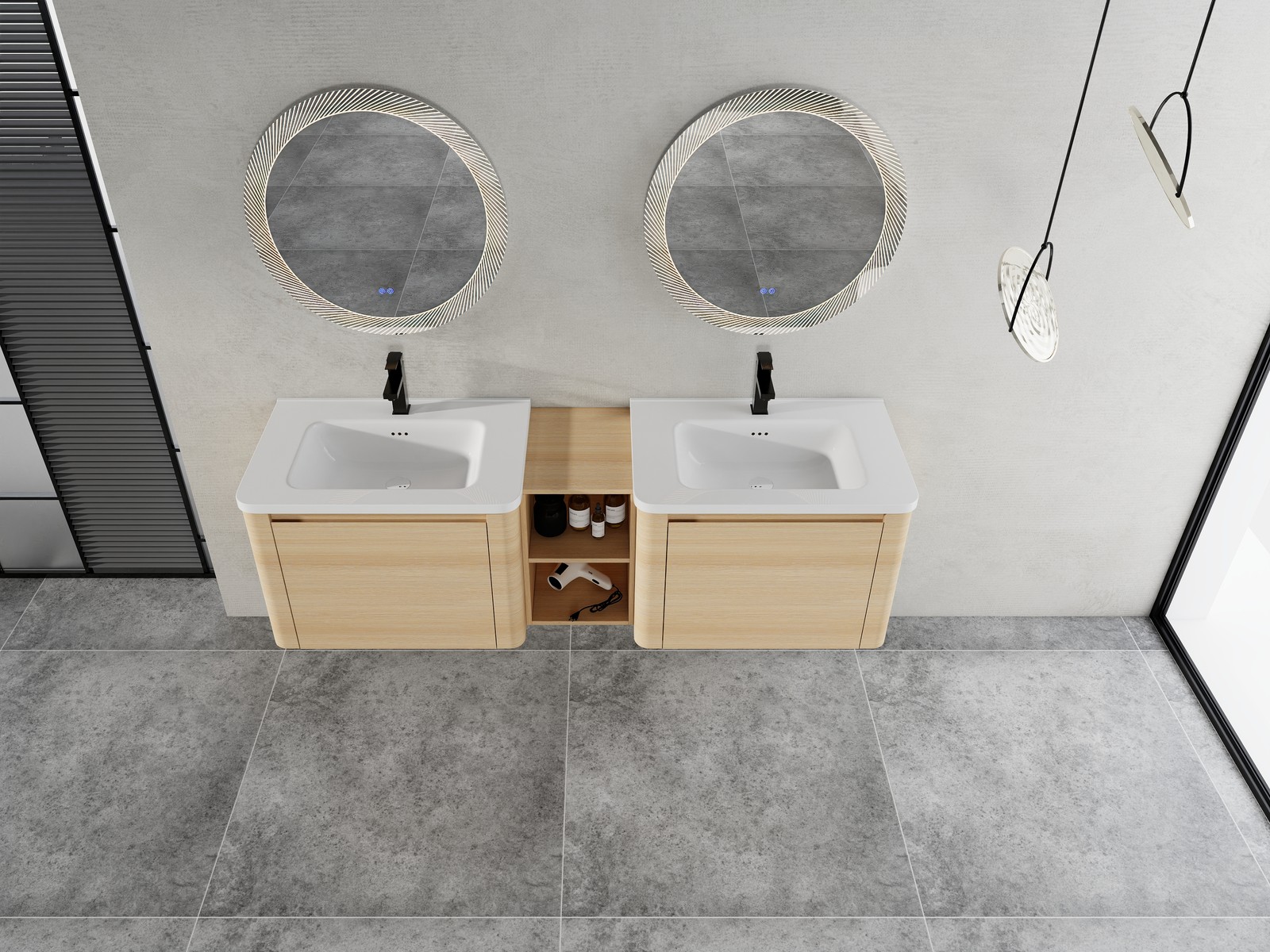 68in Plywood Wall-Mounted Bathroom Vanity W/ 2x White Ceramic Sink and Shelves