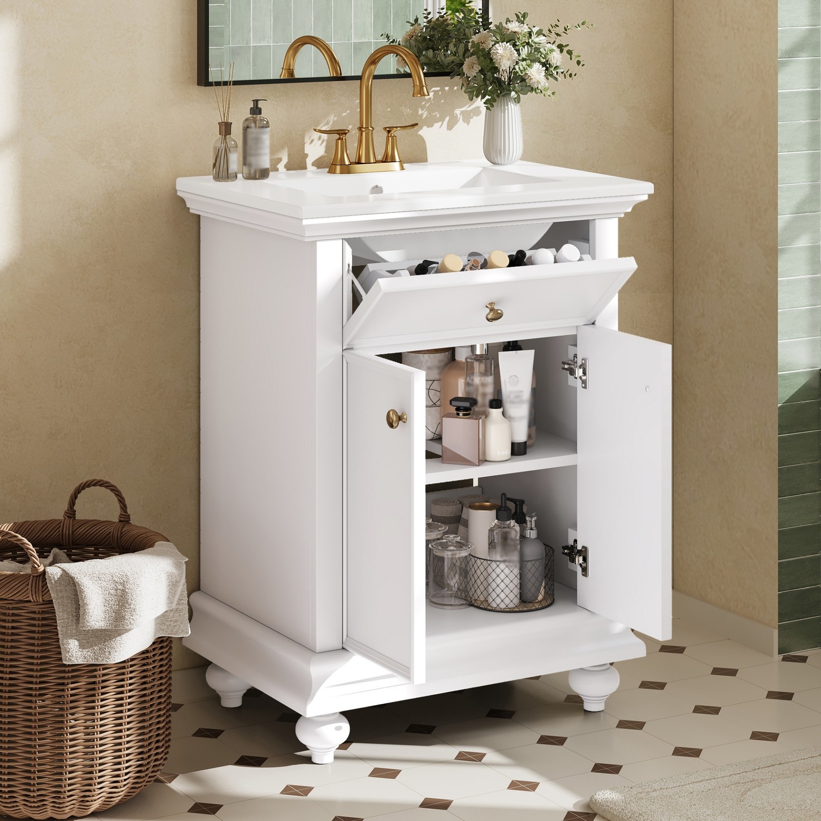 24″ Modern Bathroom Vanity with A Tip-Out Drawer & Soft-Close Hinges White