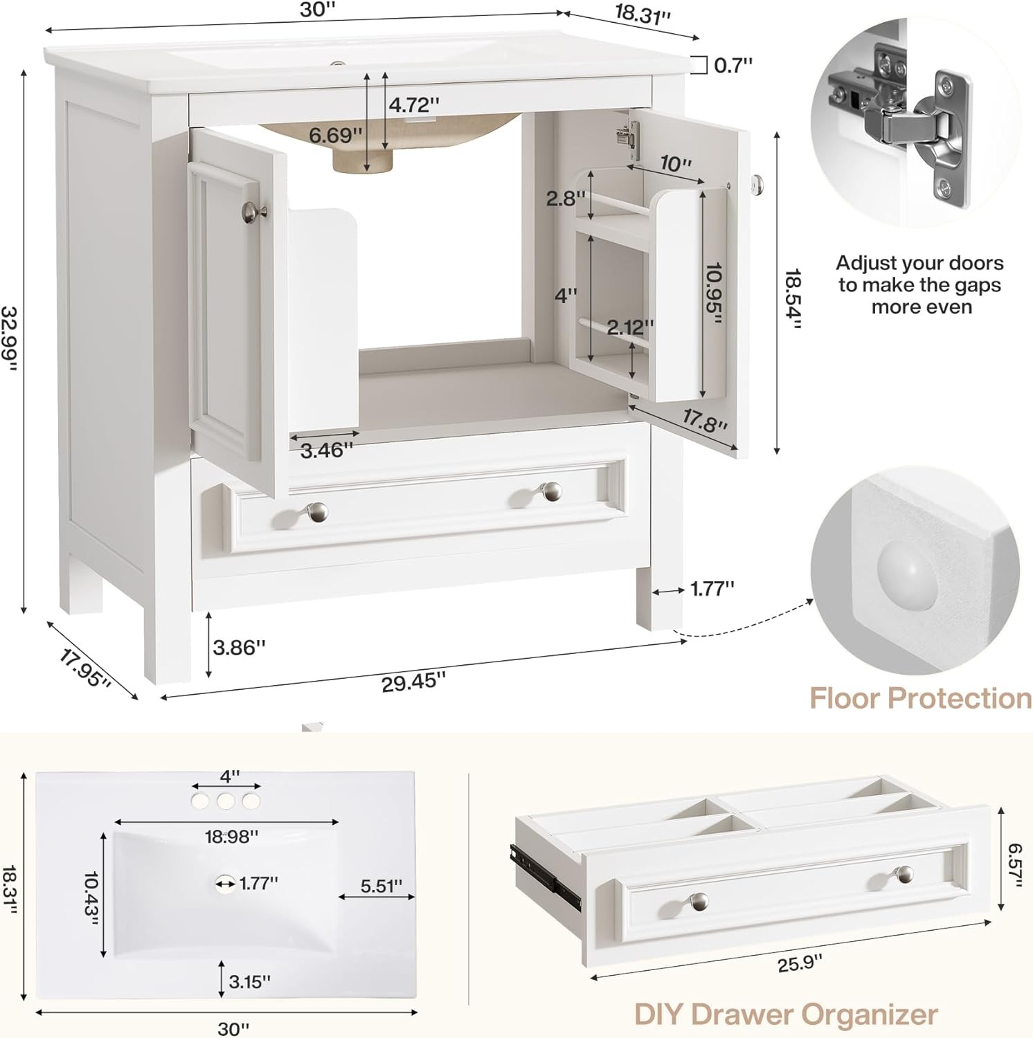 Tribesigns 30″ Modern Bathroom Vanity with Sink +2 Doors and 1 Drawer White