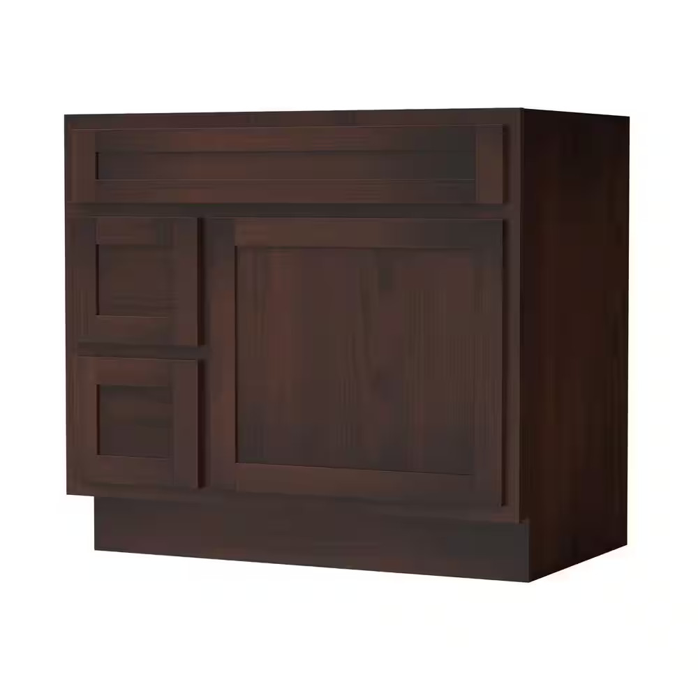 36 In. W X 21 In. D X 32.5 In. H 2-Left Drawers Bath Vanity Cabinet Only in Brow