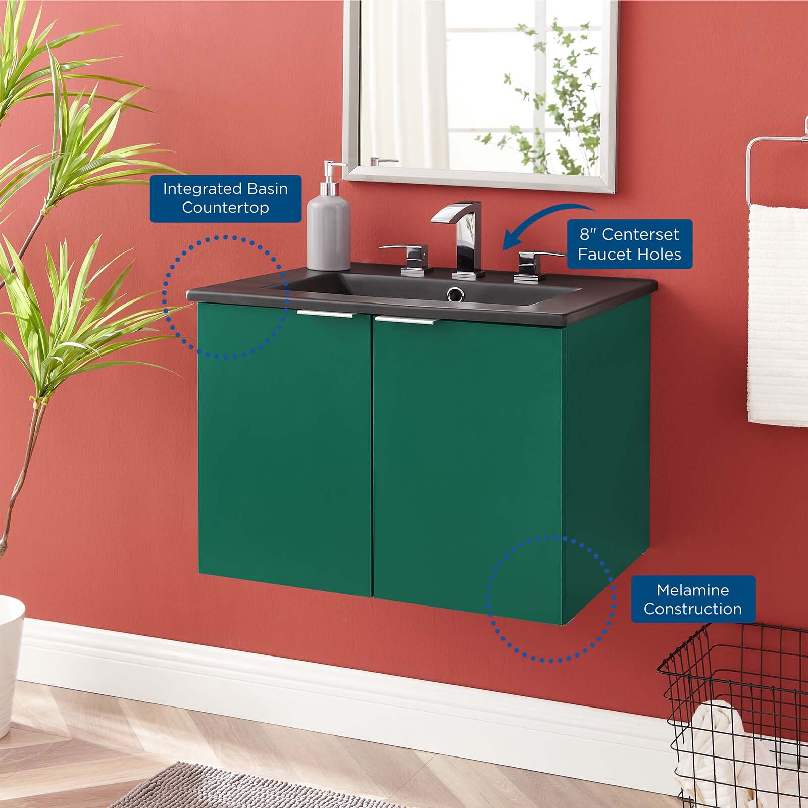 Modway Maybelle 24″ Wall-Mount Bathroom Vanity In Green Black