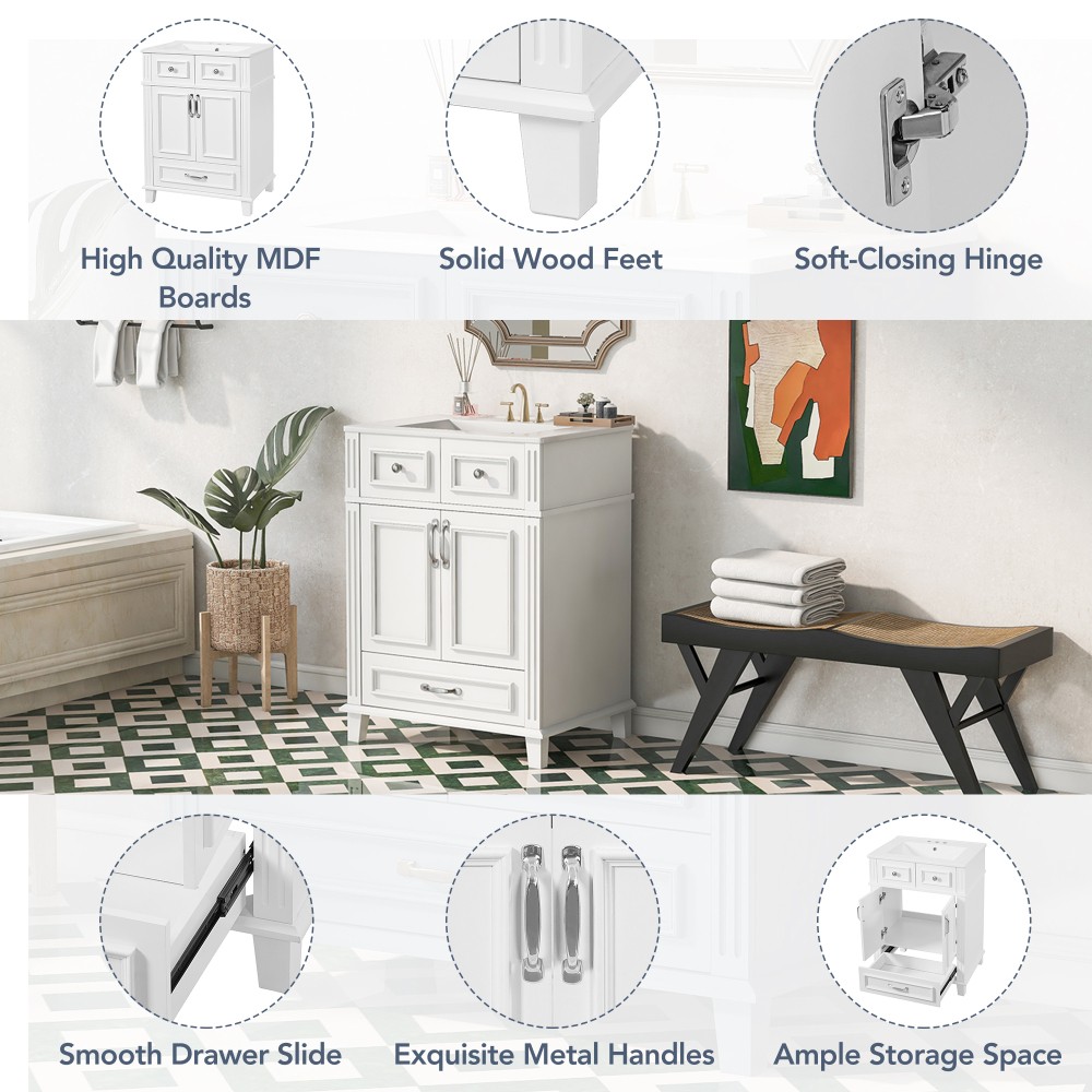 24″ Bathroom Vanity w/ Ceramic Sink, Solid Wood Frame, Soft Close Doors, White