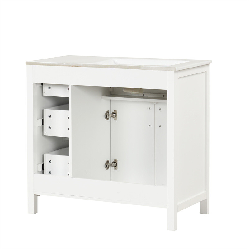 36″ White Bathroom Vanity w/Ceramic Sink Bathroom Cabinet w/2 Doors & 3 Drawers