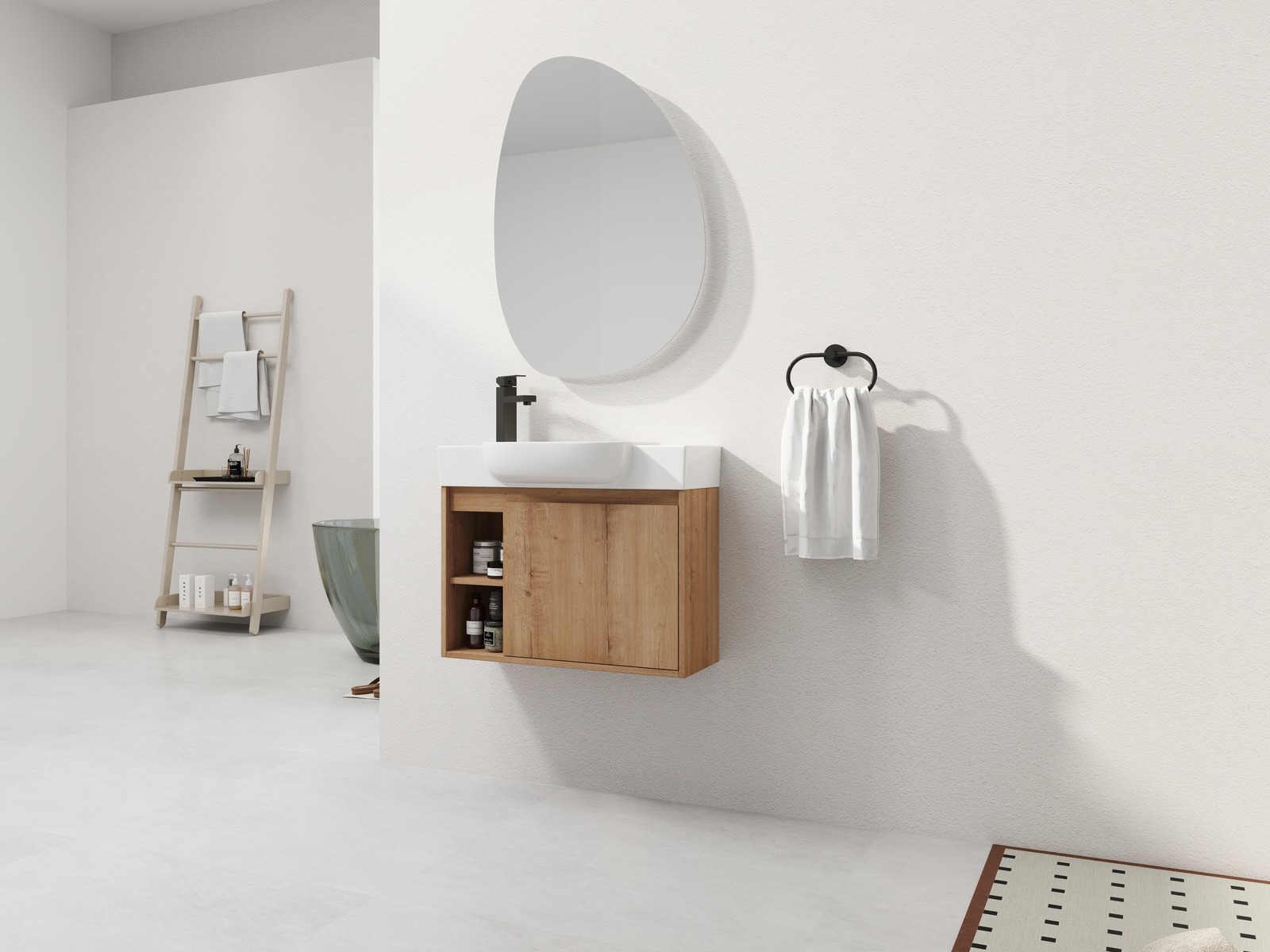 26in Plywood Freestanding Bathroom Vanity W/ Ceramic Sink Basin Door Shelf Oak