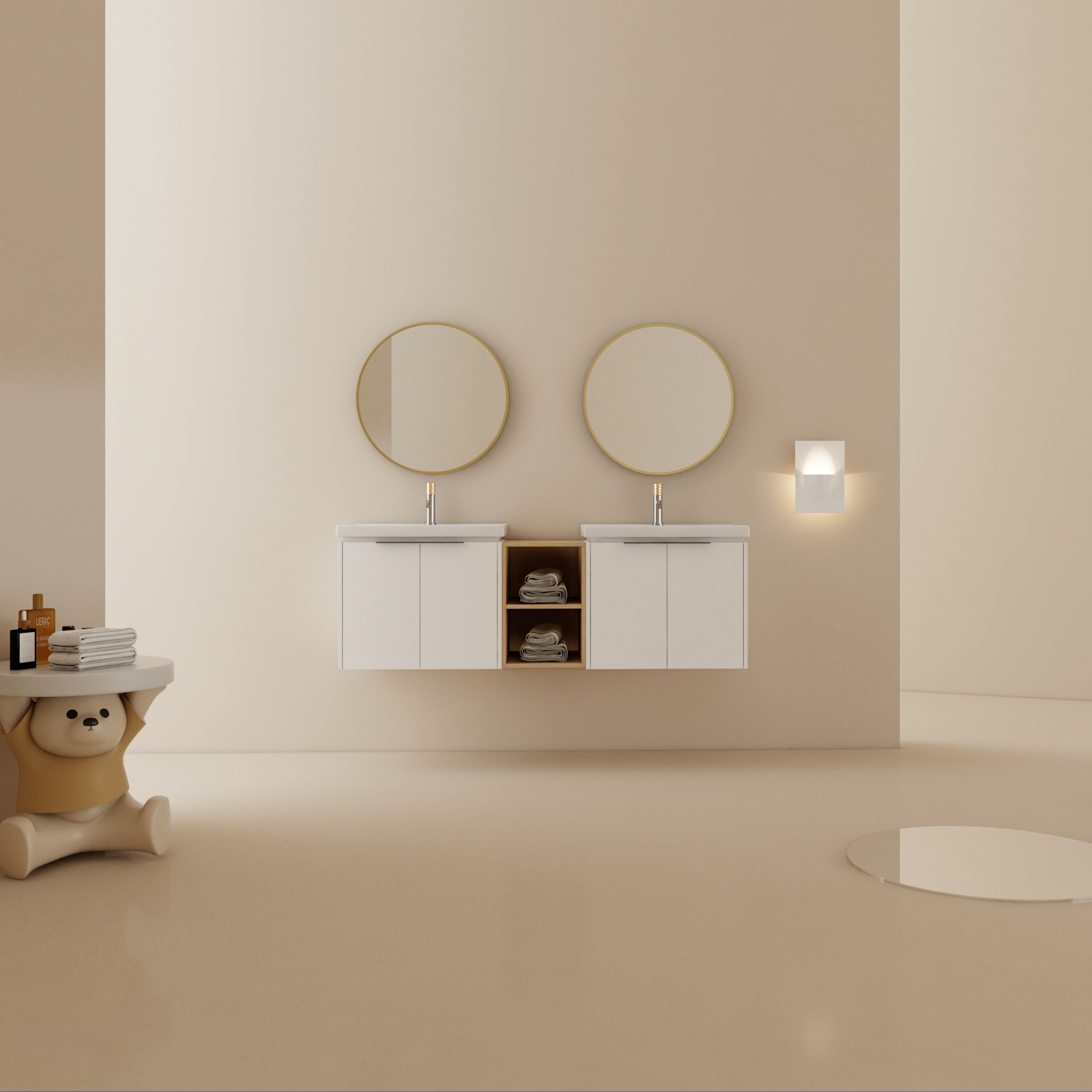 60″ Bathroom Vanity Double Ceramic Basin Wall Mounted Cabinet W/ Storage Shelves