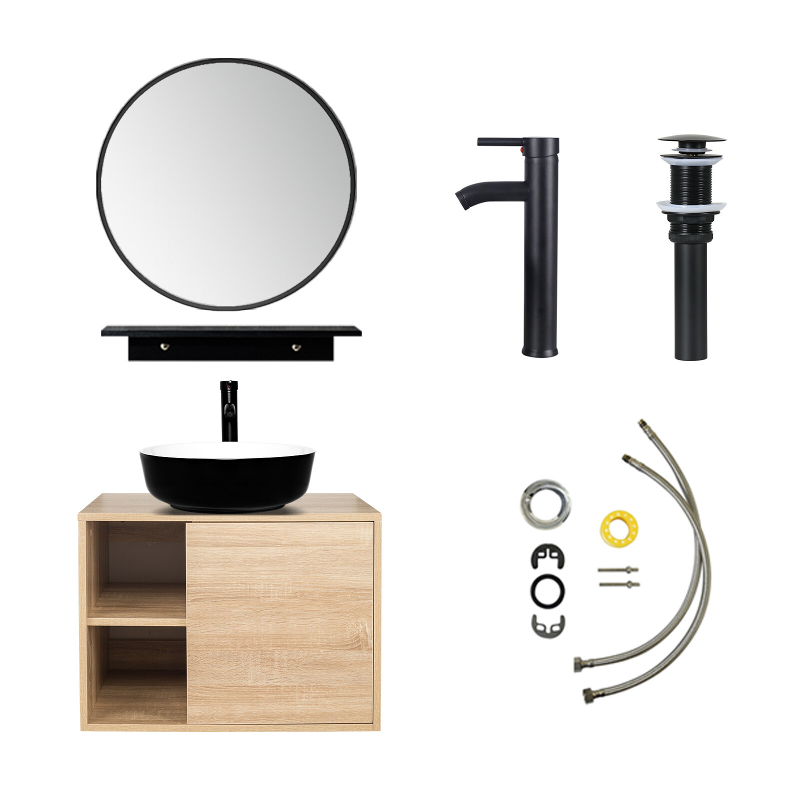Complete 24″Bathroom Set:Ceramic Sink Vanity with Round Mirror & Storage Cabinet