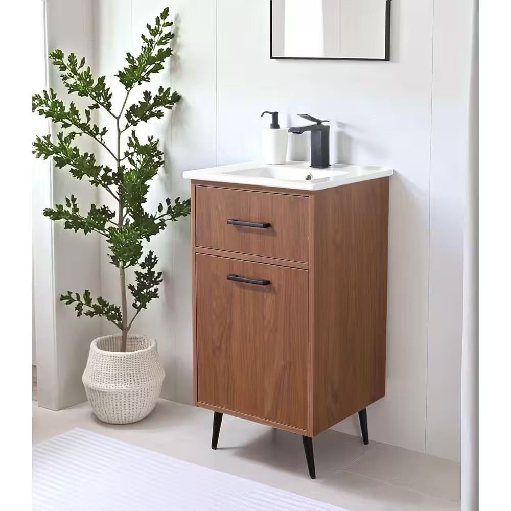 18 In. W X 17 In. D X 34 In. H Modern Brown Bath Vanity with Single White Cerami