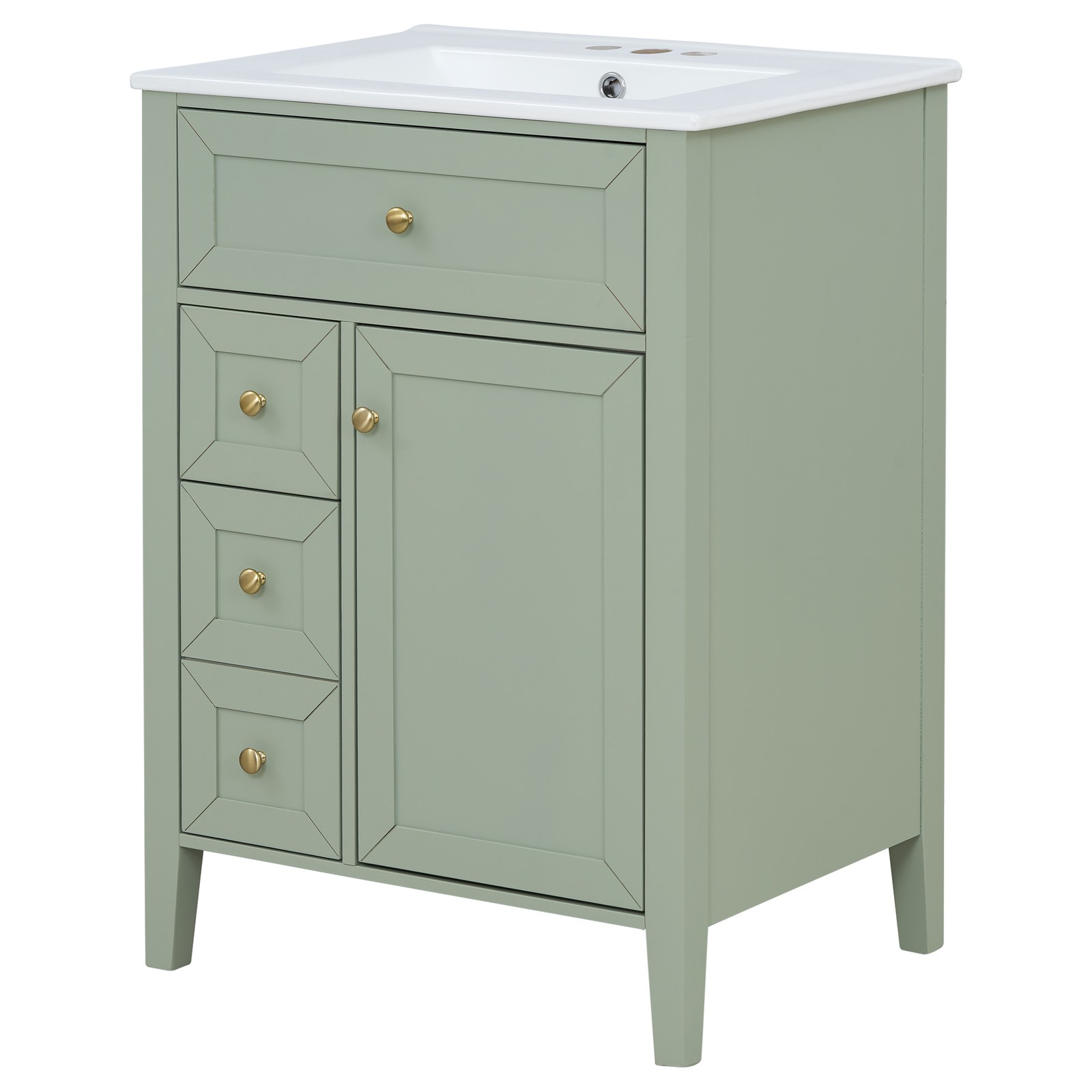 24″ Light Green Bathroom Vanity with Ceramic Sink and Storage Drawers