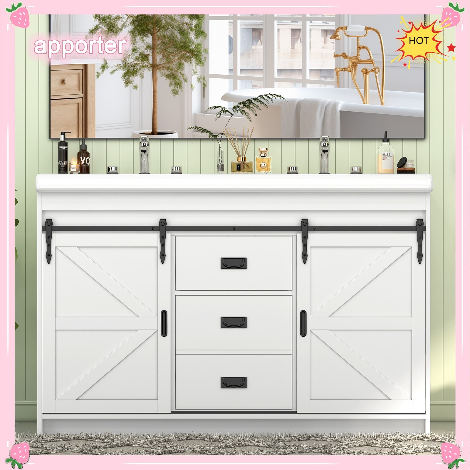 46″ Bathroom Vanity Double Sink, Freestanding Storage Vanity Cabinet & 2 Drawers
