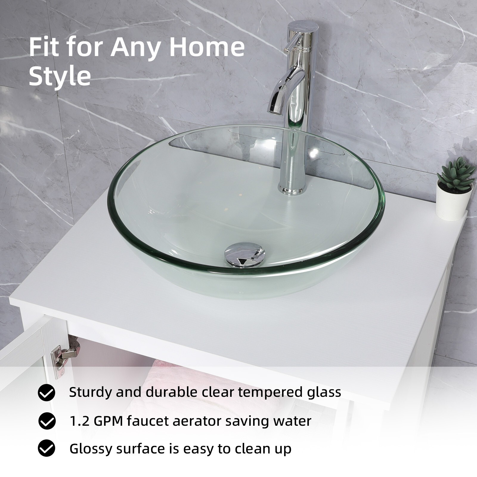 24″ White Bathroom Vanity Set Tempered Clear Glass Vessel Sink Combo No Mirror