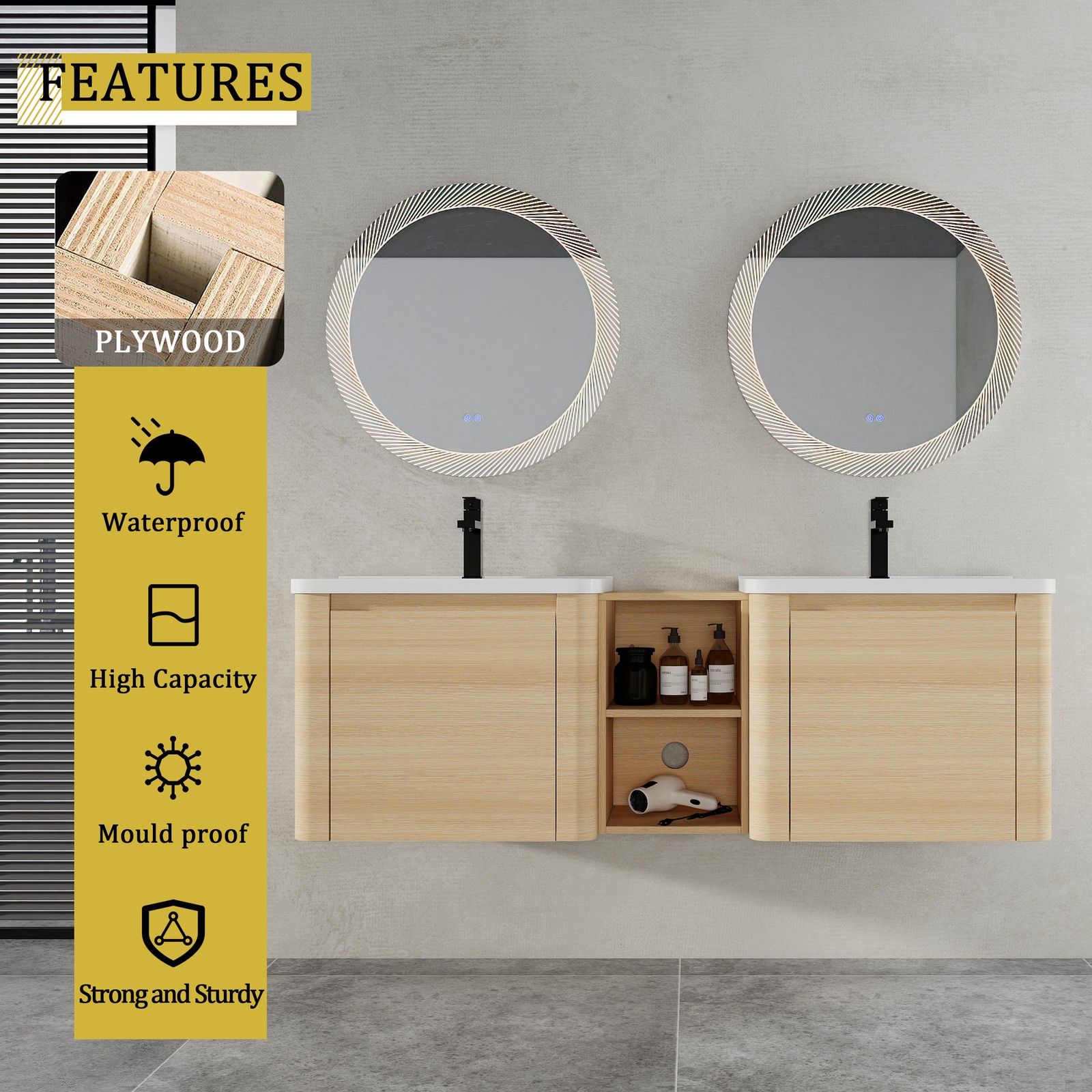 60in Plywood Wall-Mounted Bathroom Vanity W/ 2x White Ceramic Sink and Shelves