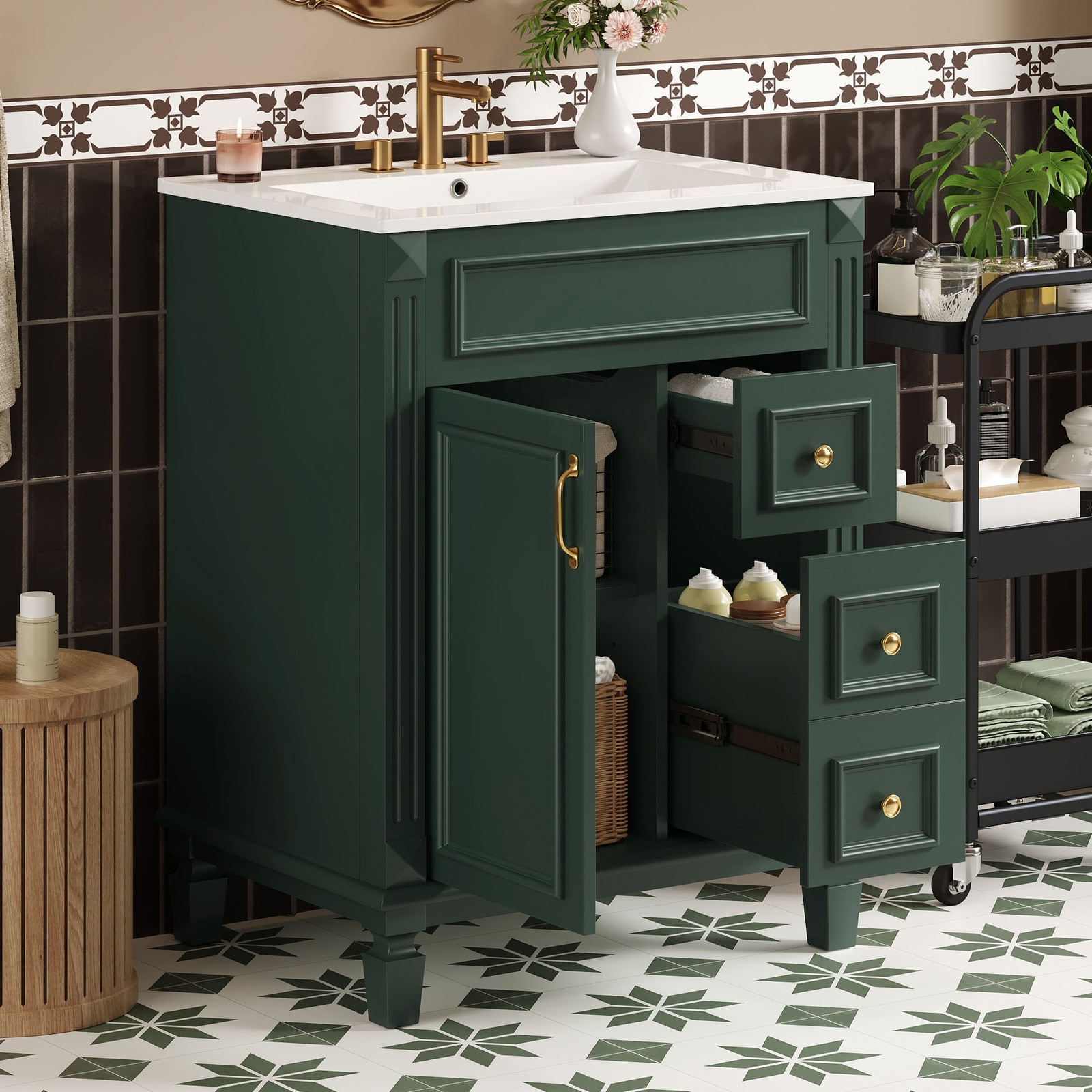 24″ Bathroom Vanity w/Ceramic Sink, Small Bathroom Sink Cabinet with 2 Drawers