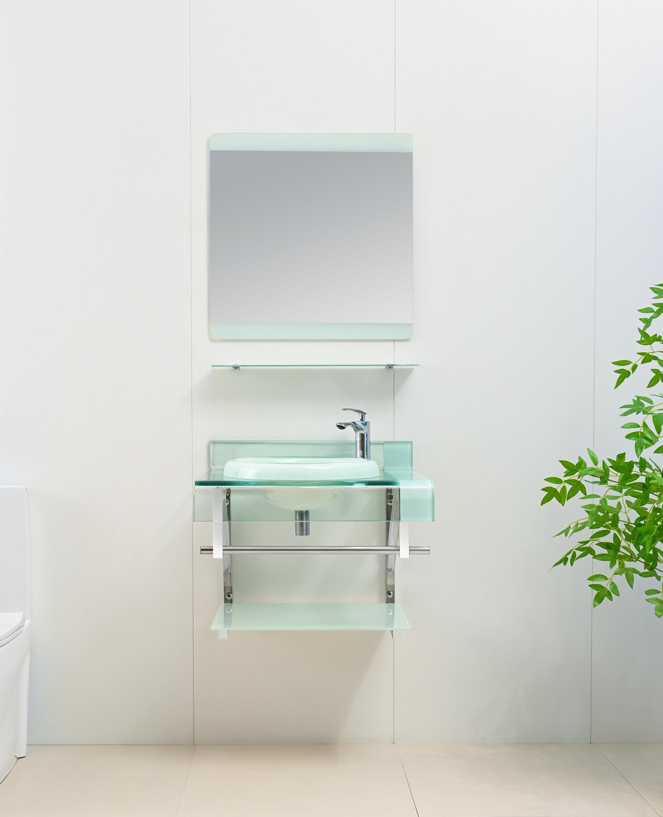 24″WHITE Tempered Glass Bathroom Vanity Floating Sink backsplash Mirror combo