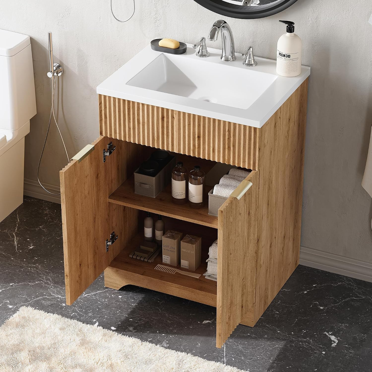 LINLUX 25″ Natural Wood Fluted Vanity w/ Ceramic Sink Drawer Cabinet