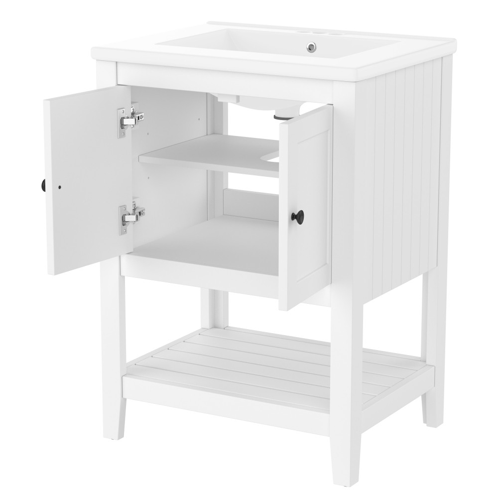 24″ White Bathroom Vanity w/Ceramic Sink & Solid Wood Frame