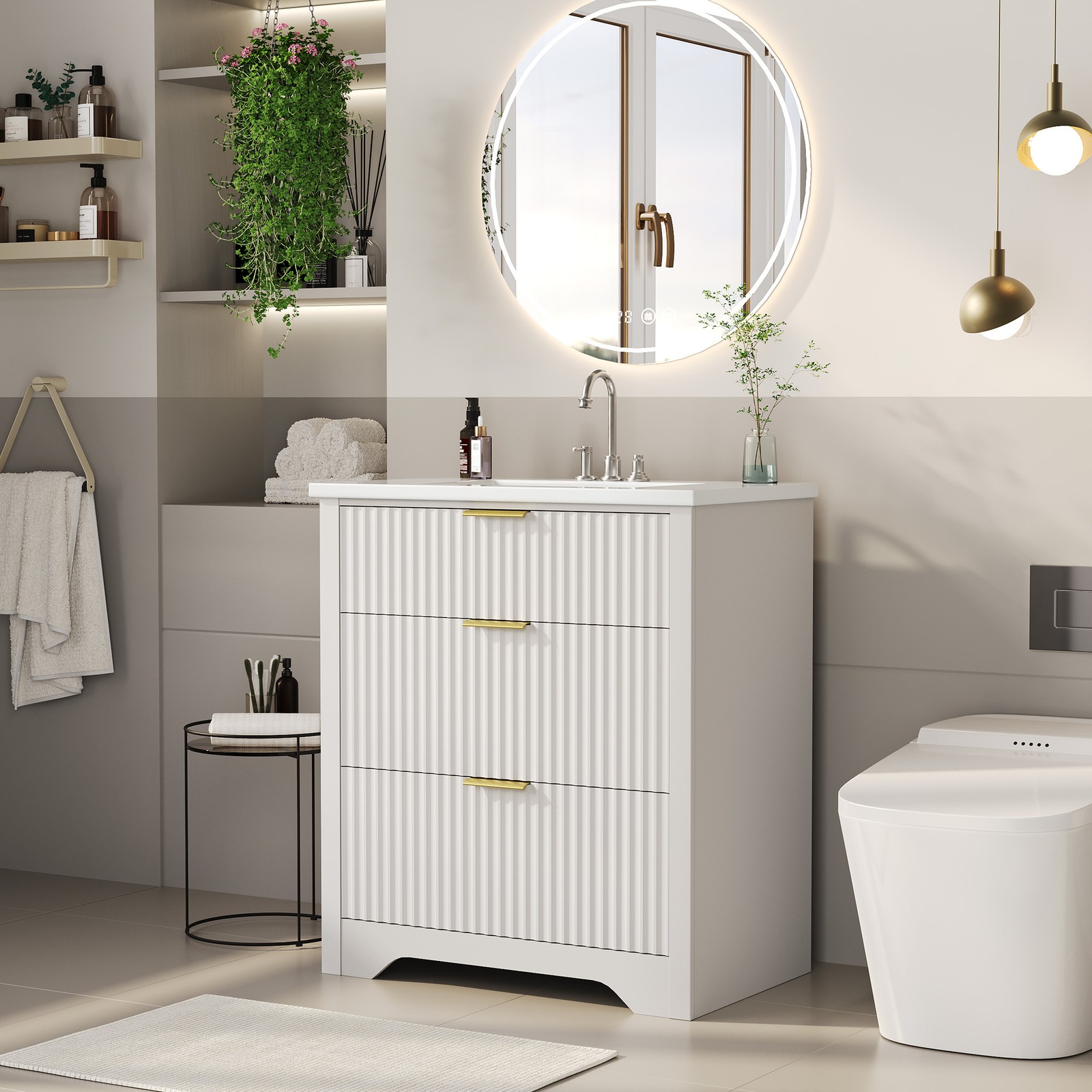 30″ Fluted Bathroom Vanity w/Sink, Freestanding Bathroom Sink Cabinet w/Drawers
