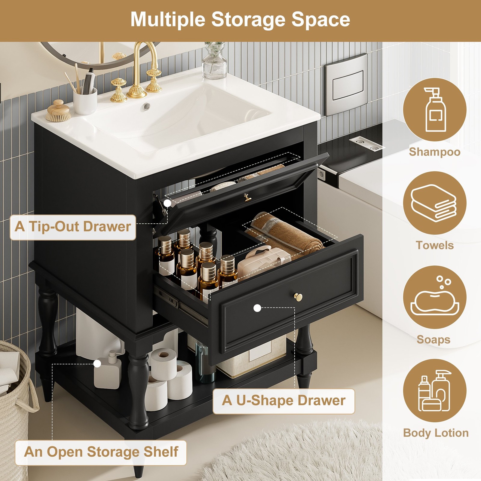FUNIDEE 24″ Bathroom Vanity with Ceramic Sink Storage Cabinet w/ 2 Drawers Black