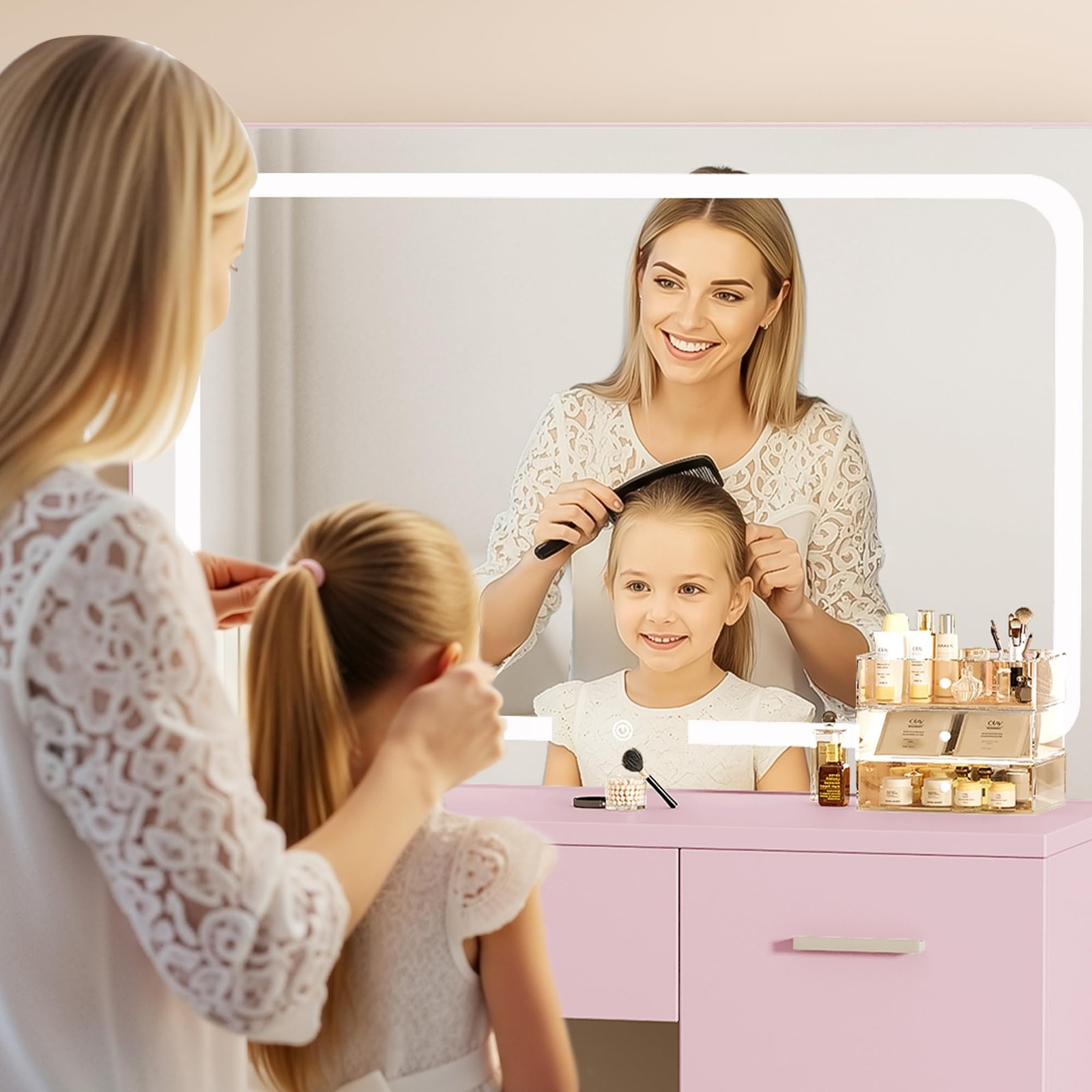 Vanity Set with Mirror Power Outlet Vanity Table Bedroom Pink