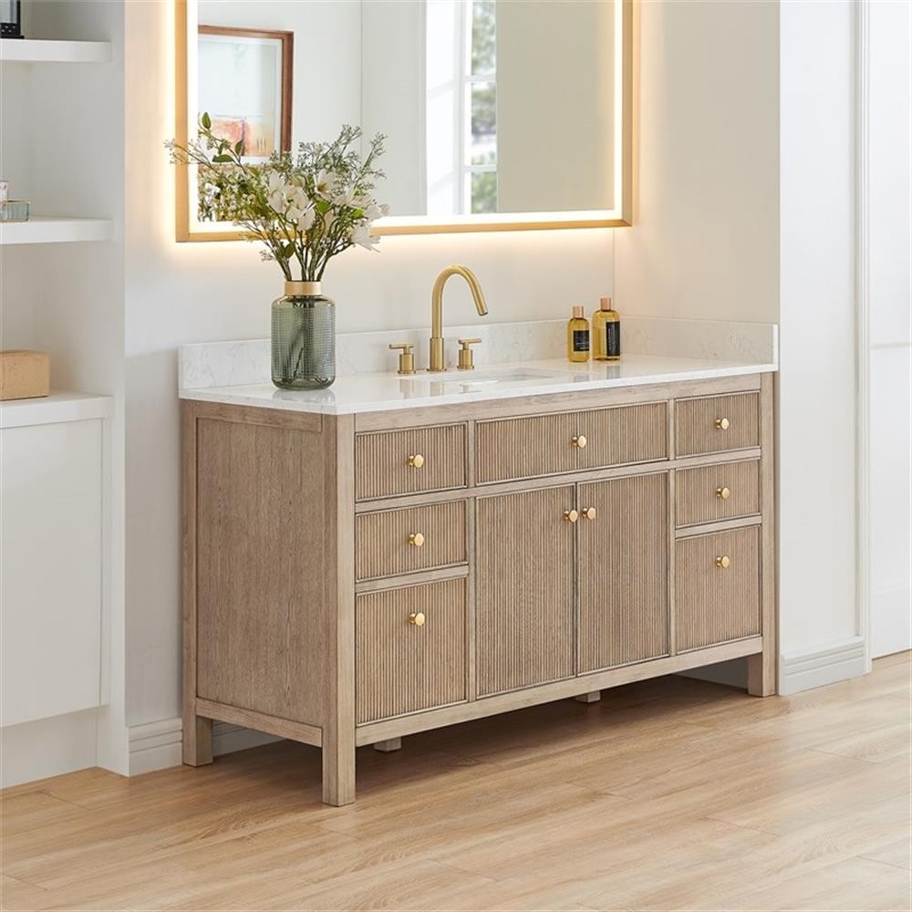 Pemberly Row 60″ Single Wood Vanity in Nature Oak Engineered Stone Top no Mirror