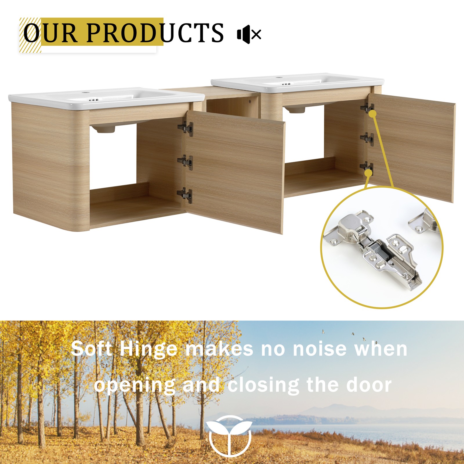 68in Plywood Wall-Mounted Bathroom Vanity W/ 2x White Ceramic Sink and Shelves