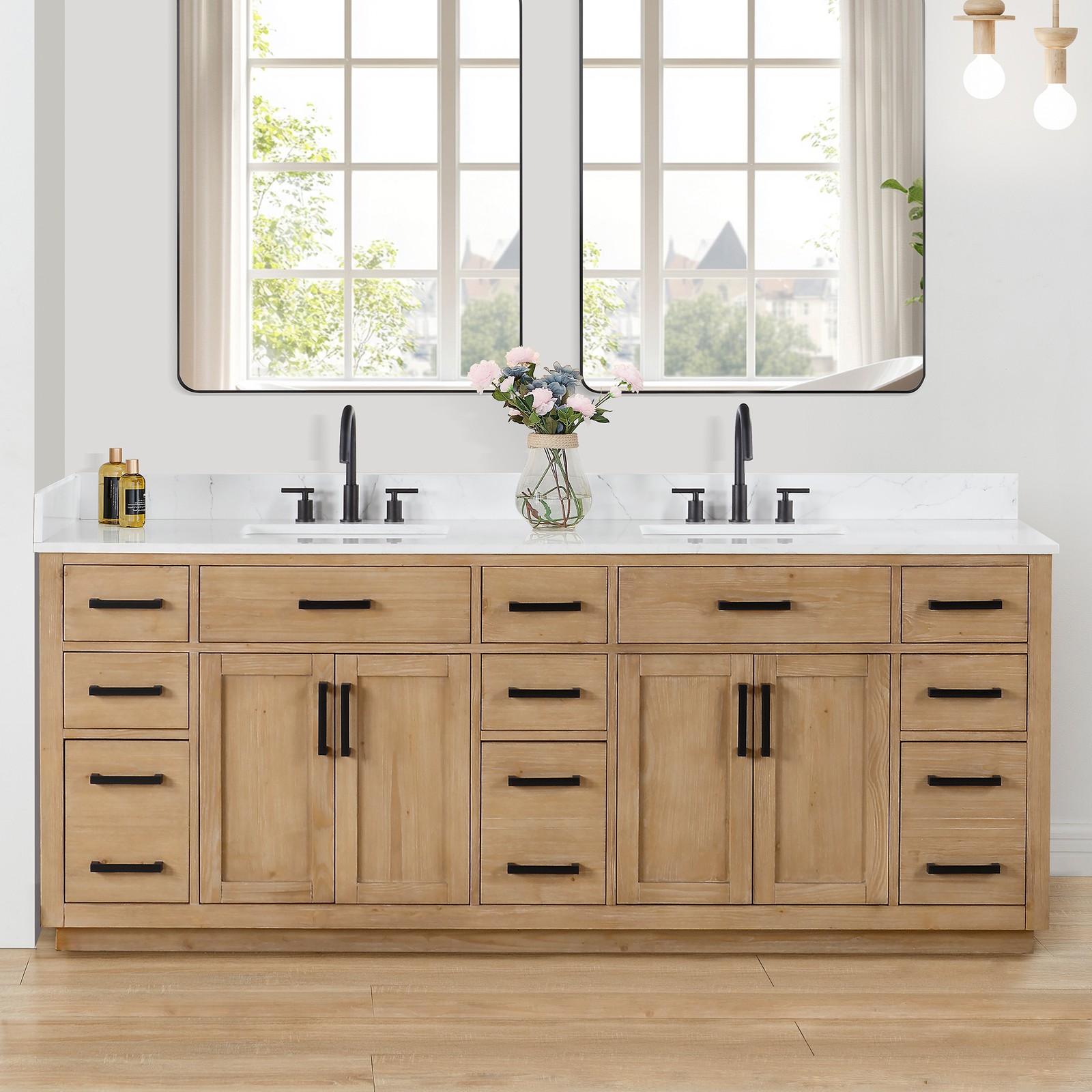 Gavino 84″ Wood Vanity in Light Brown with Composite Stone Top no Mirror