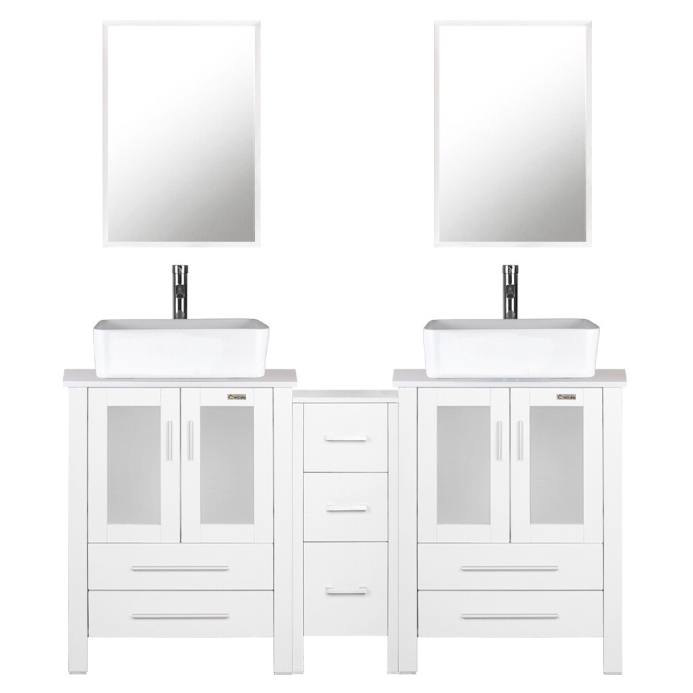 60 inch Bathroom Vanity W/ Side Table Ceramic Vessel Sink Faucet Mirror Combo